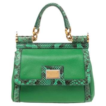 Pre Owned Dolce & Gabbana Green Leather and Python Small Miss Sicily Top Handle Bag