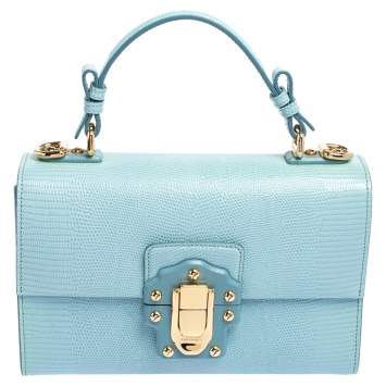Pre Owned Dolce & Gabbana Light Blue Lizard Embossed Leather Lucia Top Handle Bag