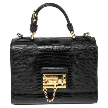 Pre Owned Dolce & Gabbana Black Lizard Embossed Leather Small Miss Monica Top Handle Bag