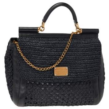 Pre Owned Dolce & Gabbana Black Woven Raffia and Leather Large Miss Sicily Top Handle Bag