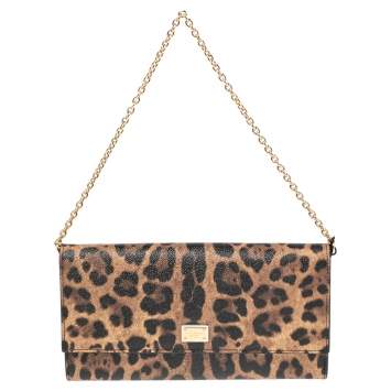 Pre Owned Dolce & Gabbana Brown/Black Leopard Print Coated Canvas Flap Chain Clutch