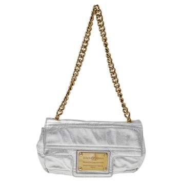 Pre Owned Dolce & Gabbana Metallic Silver Leather Chain Shoulder Bag