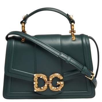 Pre Owned Dolce & Gabbana Green Leather DG Amore Top Handle Bag