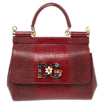 Pre Owned Dolce & Gabbana Burgundy Glossy Lizard Embossed Leather Small Miss Sicily Top Handle Bag