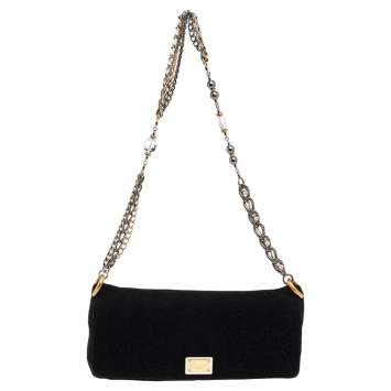 Pre Owned Dolce and Gabbana Black Lace Flap Shoulder Bag