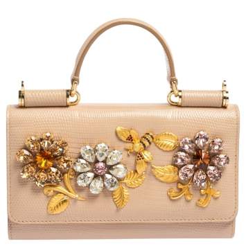 Pre Owned Dolce & Gabbana Beige Lizard Embossed Leather Sicily Von Crystals Smartphone Bag
