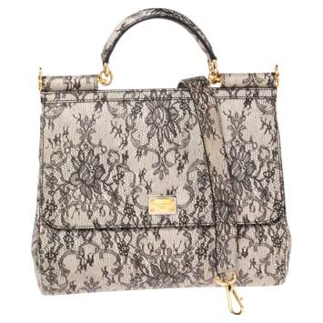 Pre Owned Dolce & Gabbana Grey Lace Print Leather Large Miss Sicily Top Handle Bag