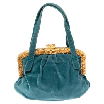 Pre Owned Dolce & Gabbana Teal Velvet Frame Clutch Bag