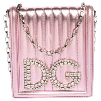 Pre Owned Dolce & Gabbana Metallic Pink Leather DG Girls Shoulder Bag