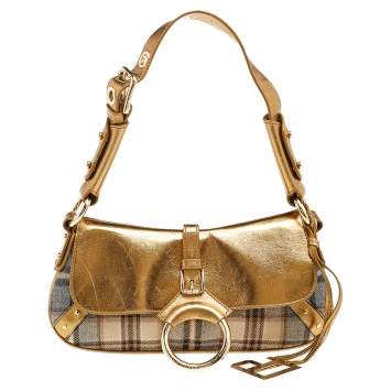 Pre Owned Dolce & Gabbana Gold/Beige Leather And Fabric Flap Shoulder Bag