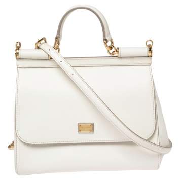 Pre Owned Dolce & Gabbana White Leather Medium Miss Sicily Top Handle Bag