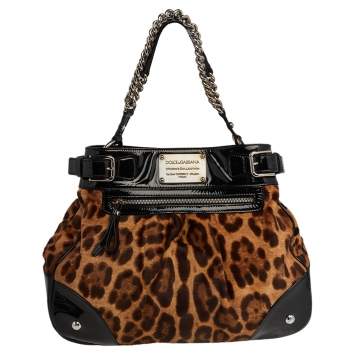 Pre Owned Dolce & Gabbana Black/Brown Leopard Print Calfhair and Patent Leather Miss Silky Satchel