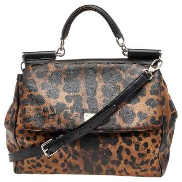 Pre Owned Dolce & Gabbana Black/Brown Leopard Print Coated Canvas and Leather Large Miss Sicily Top Handle Bag