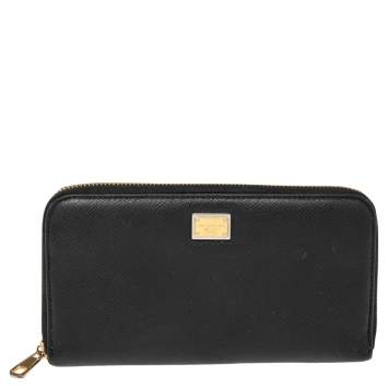 Pre Owned Dolce & Gabbana Black Leather Zip Around Continental Wallet