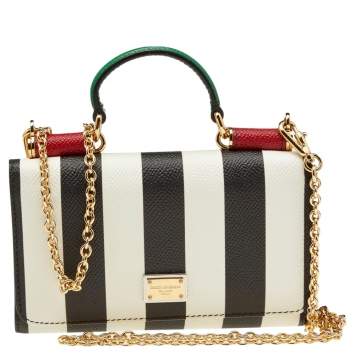 Pre Owned Dolce & Gabbana White/Black Strip Leather Miss Sicily Von Wallet on Chain