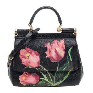 Pre Owned Dolce & Gabbana Black Floral Print Leather Miss Sicily Top Handle Bag