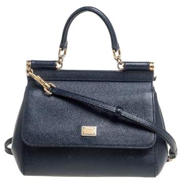 Pre Owned Dolce & Gabbana Navy Blue Leather Small Miss Sicily Top Handle Bag