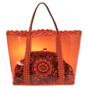 Pre Owned Dolce & Gabbana Orange Whipstitch Raffia and PVC Miss Escape 2 in 1 Tote