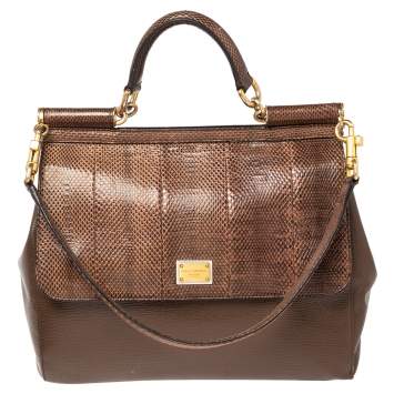 Pre Owned Dolce & Gabbana Brown Snakeskin and Leather Large Miss Sicily Top Handle Bag