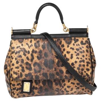 Pre Owned Dolce & Gabbana Black/Brown Leopard Print Coated Canvas and Leather Large Miss Sicily Top Handle Bag