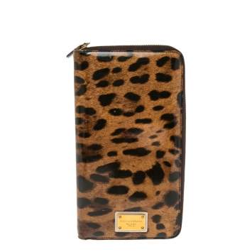 Pre Owned Dolce & Gabbana Brown Leopard Print Patent Leather Zip Around Organizer Wallet