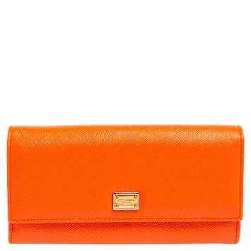 Pre Owned Dolce & Gabbana Orange Dauphine Leather Flap Continental Wallet