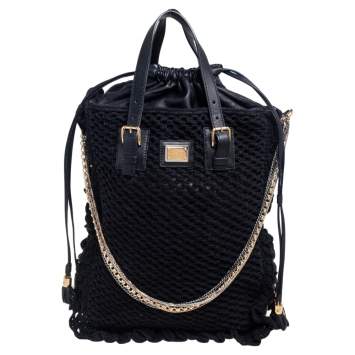 Pre Owned Dolce & Gabbana Black Crochet Fabric and Leather Miss Helen Tote