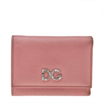 Pre Owned Dolce & Gabbana Pink Leather DG Crystal Embellished Trifold Wallet
