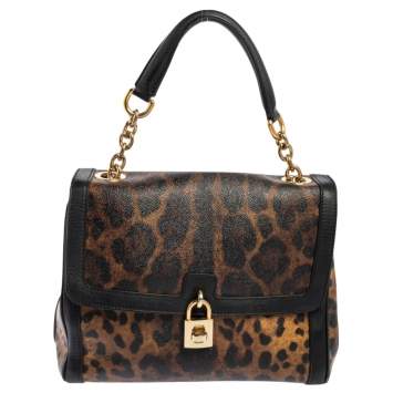 Pre Owned Dolce & Gabbana Black/Brown Leopard Print Coated Canvas and Leather Padlock Top Handle Bag
