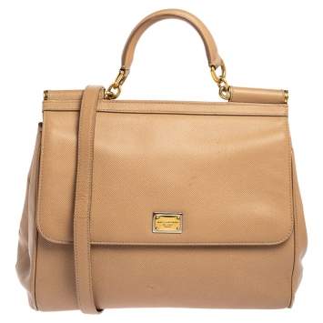 Pre Owned Dolce & Gabbana Beige Leather Large Miss Sicily Top Handle Bag
