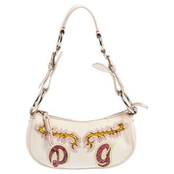 Pre Owned Dolce & Gabbana White Leather and Python Trim Cut Out Logo Baguette Bag