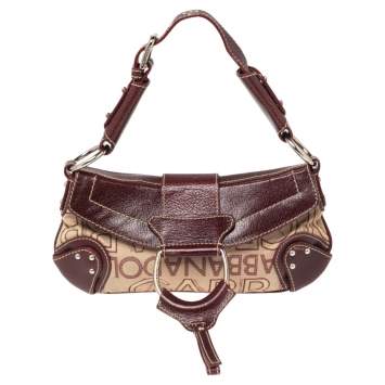 Pre Owned Dolce & Gabbana Burgundy Signature Fabric and Leather D Ring Baguette Bag