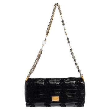 Pre Owned Dolce & Gabbana Black Lace Leather Flap Chain Shoulder Bag