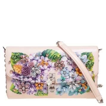 Pre Owned Dolce & Gabbana Multicolor Hydrangea Print Leather Embellished Chain Shoulder Bag