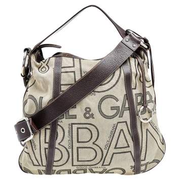 Pre Owned Dolce & Gabbana Beige/ Brown Canvas and Leather Shoulder Bag