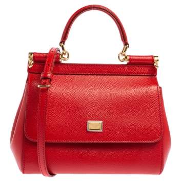 Pre Owned Dolce & Gabbana Red Leather Small Miss Sicily Top Handle Bag