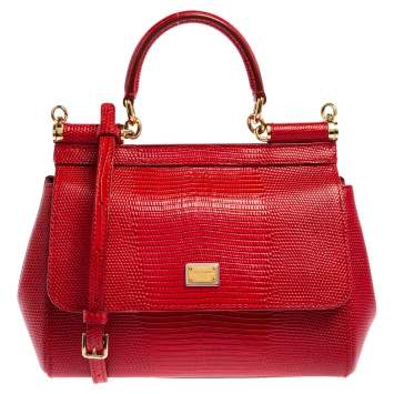 Pre Owned Dolce & Gabbana Red Croc Embossed Leather Small Miss Sicily Top Handle Bag