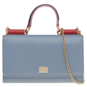 Pre Owned Dolce & Gabbana Pale Blue/Red Leather Miss Sicily Wallet on Chain
