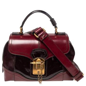 Pre Owned Dolce & Gabbana Burgundy Calfhair, Patent and Leather Miss Catch Top Handle Bag