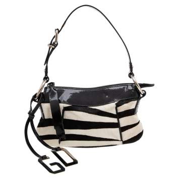 Pre Owned Dolce & Gabbana Black/White Zebra Print Calfhair and Patent Leather Baguette 