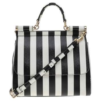 Pre Owned Dolce & Gabbana Black/White Striped Leather Medium Miss Sicily Top Handle Bag