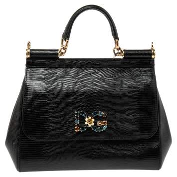 Pre Owned Dolce & Gabbana Black Lizard Embossed Leather Crystal DG Logo Medium Miss Sicily Bag