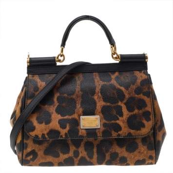 Pre Owned Dolce & Gabbana Black/Leopard Print Coated Canvas And Leather Small Miss Sicily Top Handle Bag