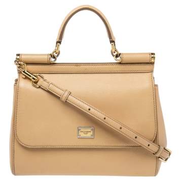 Pre Owned Dolce & Gabbana Beige Leather Medium Miss Sicily Top Handle Bag