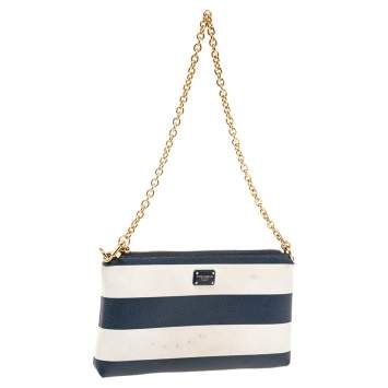 Pre Owned Dolce & Gabbana Blue/White Striped Leather Chain Pouch