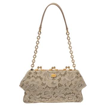 Pre Owned Dolce & Gabbana Beige Lace And Leather Kiss Lock Frame Clutch