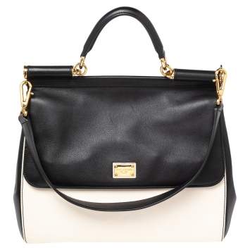 Pre Owned Dolce & Gabbana Black/White Leather Large Miss Sicily Top Handle Bag