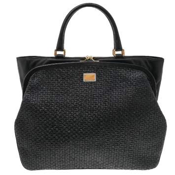 Pre Owned Dolce & Gabbana Black Leather And Woven Raffia Tote
