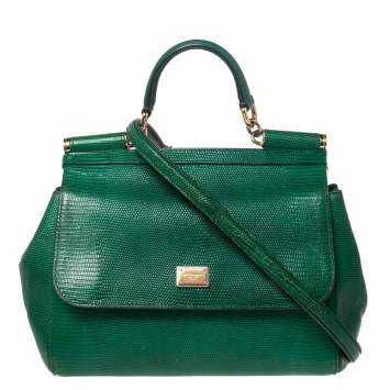 Pre Owned Dolce & Gabbana Green Lizard Embossed Leather Medium Miss Sicily Top Handle Bag