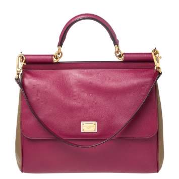 Pre Owned Dolce & Gabbana Pink/Green Leather Large Miss Sicily Top Handle Bag